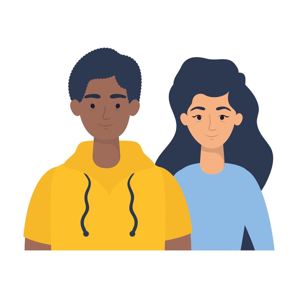 personagens de avatares de jovem casal interracial vetor