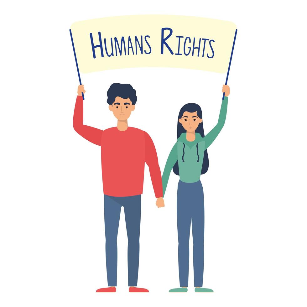 jovem casal com bandeira dos direitos humanos vetor