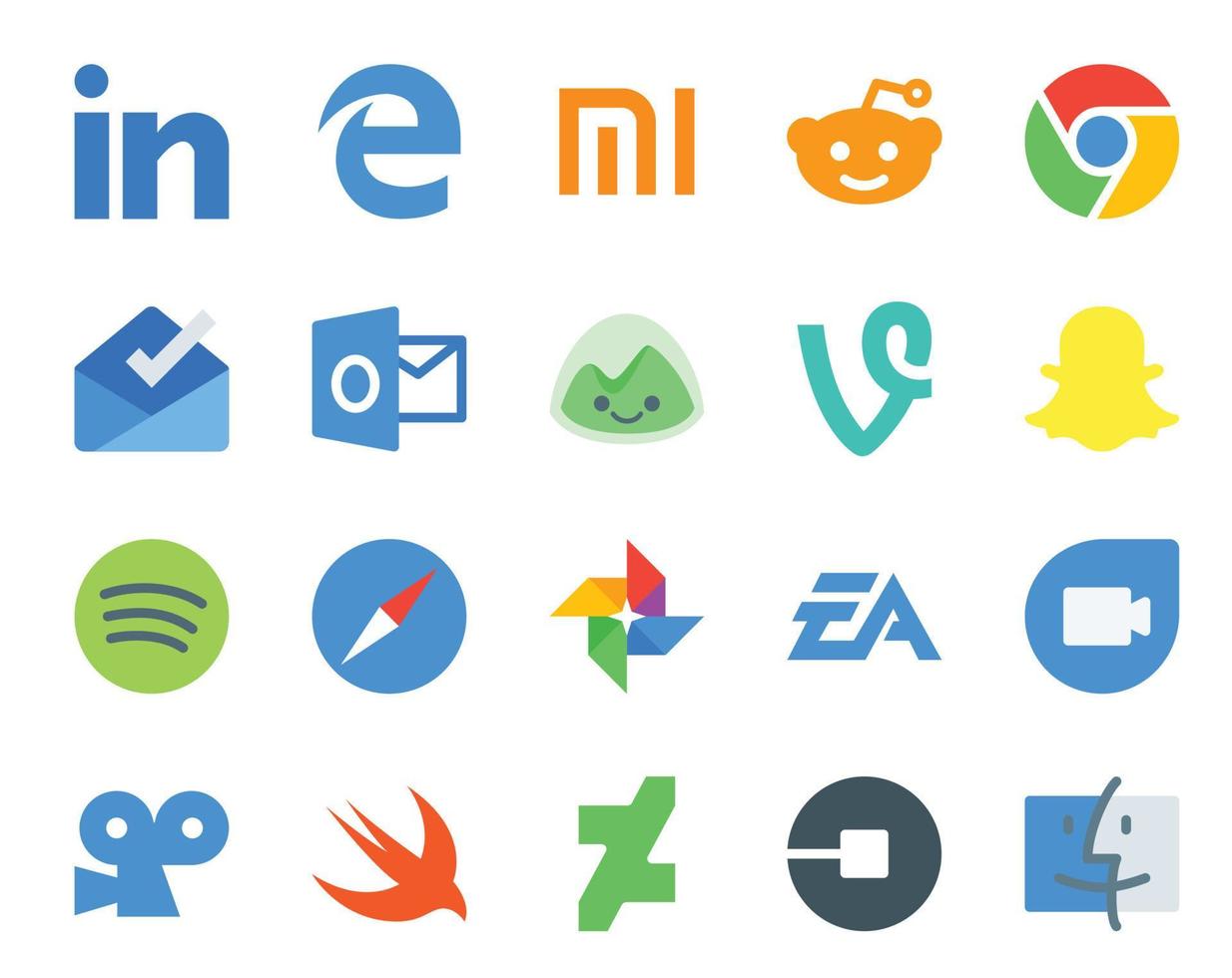Pacote de 20 ícones de mídia social, incluindo navegador de artes eletrônicas google duo e vine vetor