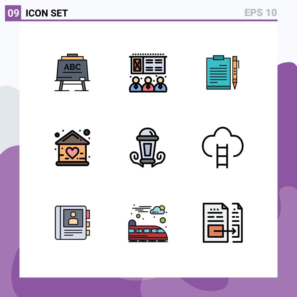 pacote de 9 sinais e símbolos modernos de cores planas de linha preenchida para mídia impressa na web, como elementos de design de vetores editáveis de planejamento de negócios de construção de casas