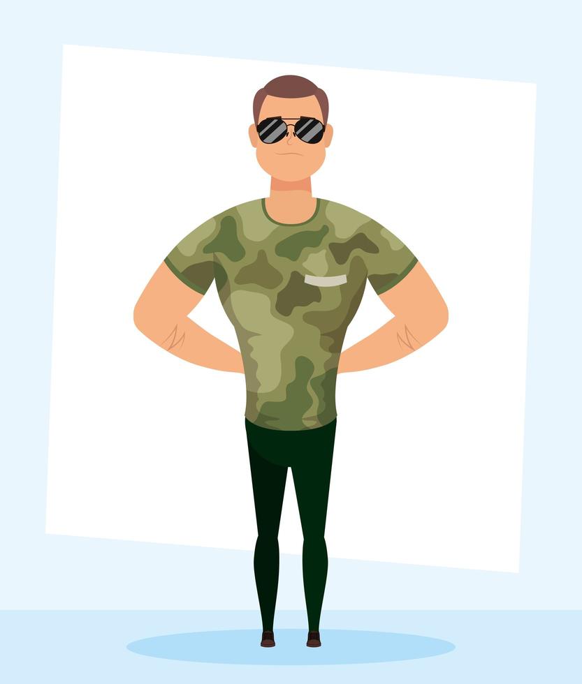 jovem com personagem de roupas militares vetor