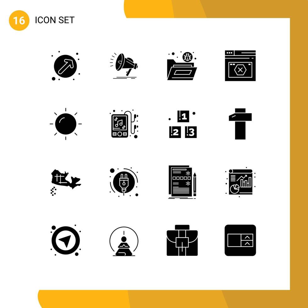 16 conceito de glifo sólido para sites móveis e aplicativos, erro, vírus de página de bug da web, elementos de design vetorial editáveis vetor