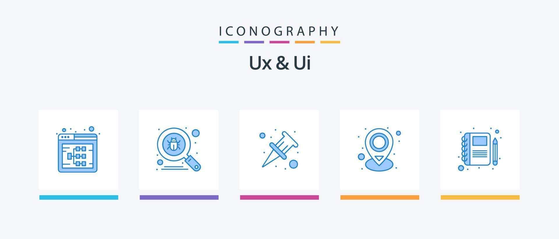 pacote de ícones ux e ui azul 5, incluindo portfólio. Lugar, colocar. vírus. PIN. localização. design de ícones criativos vetor