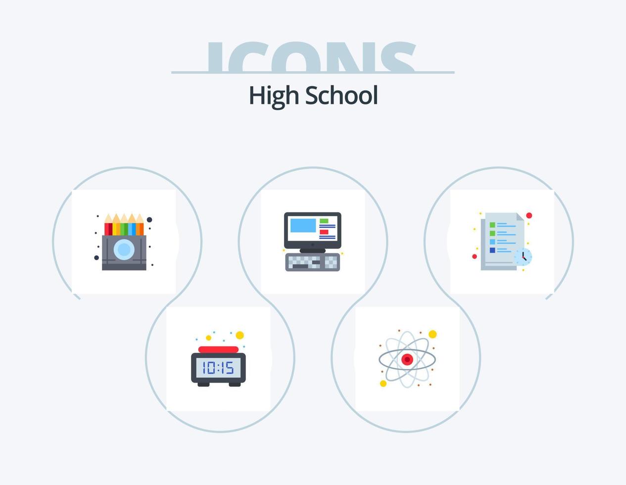 design de ícones do pacote de ícones planos do ensino médio 5. tempo de leitura. sistema. caixa. monitor. lápis vetor