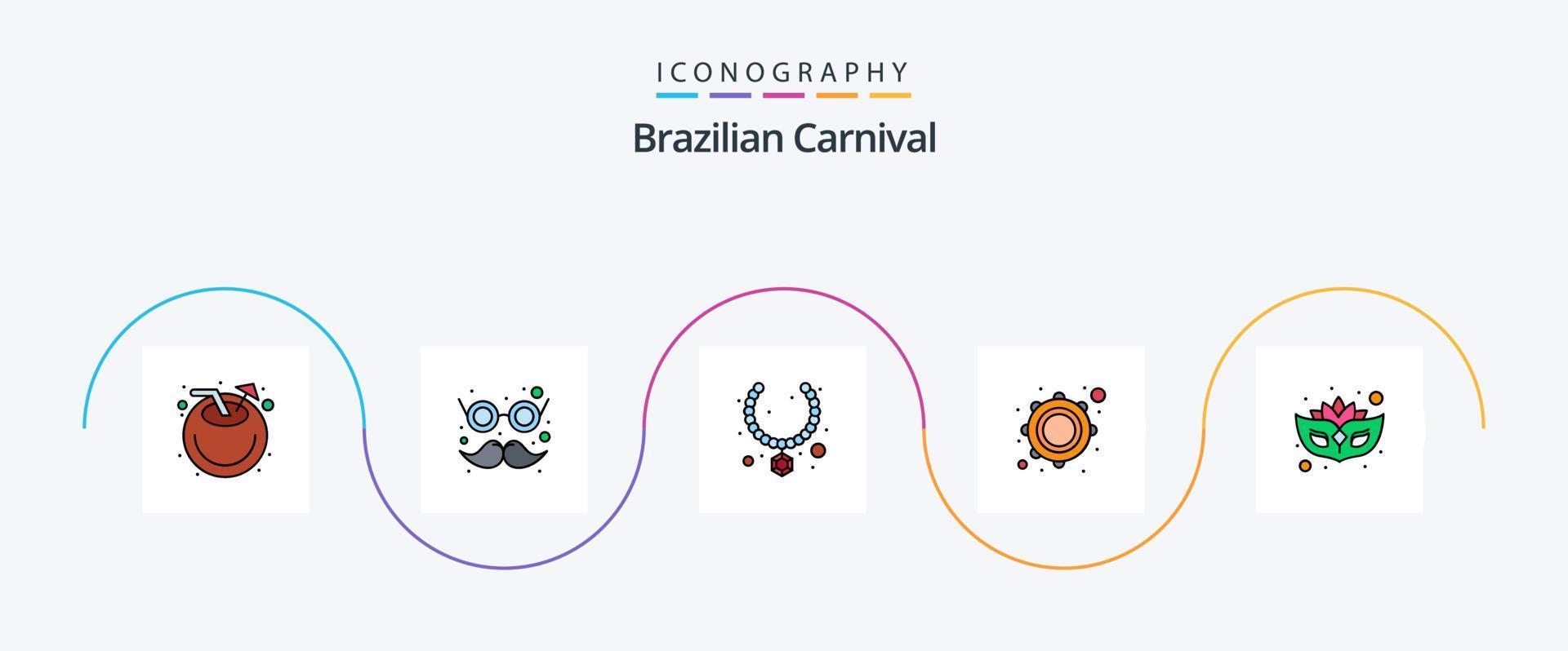linha de carnaval brasileira cheia de pacote de ícones plana 5 incluindo máscara. pandeiro. jóia. musical. instrumento vetor