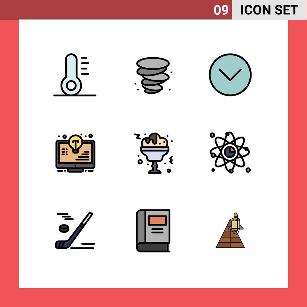 conjunto de pictogramas de 9 cores planas de linha preenchida simples de vidro átomo multimídia vinho lâmpada elementos de design vetorial editáveis vetor