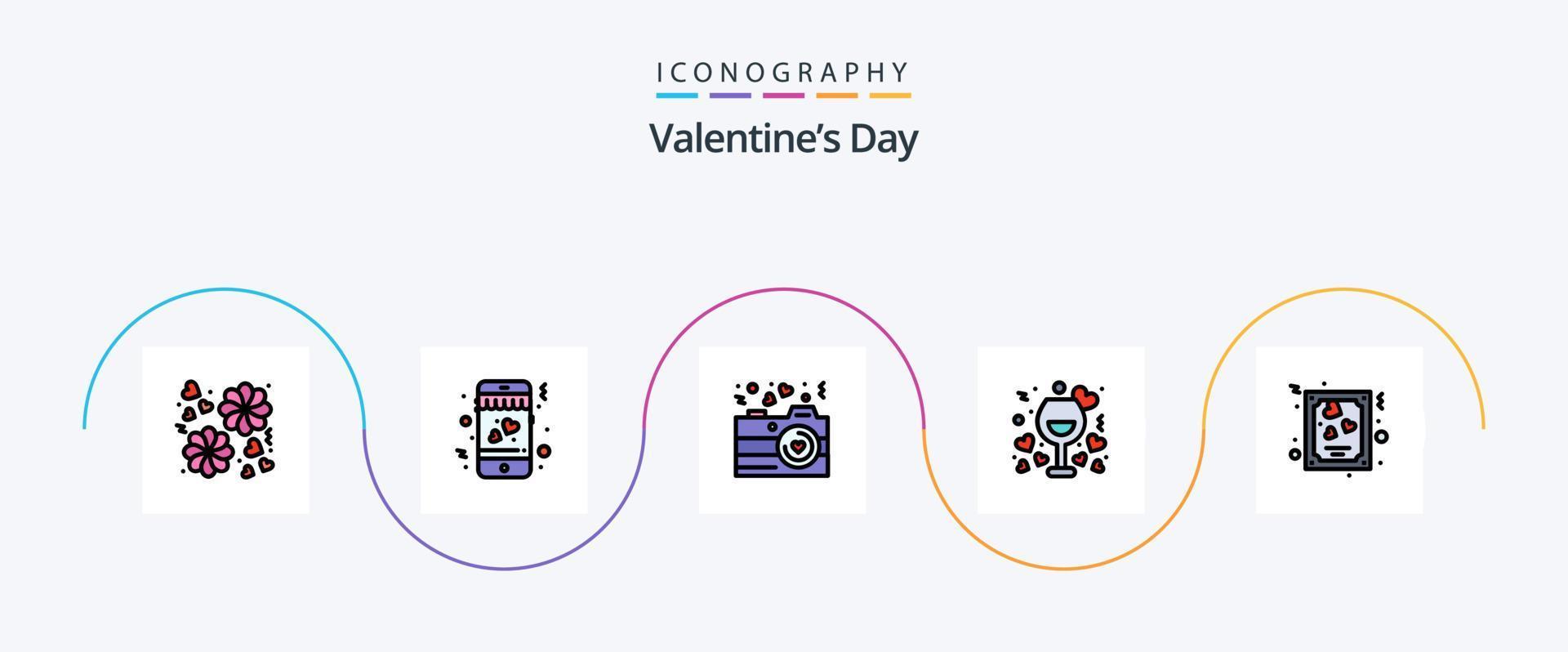 linha do dia dos namorados cheia de pacote de 5 ícones planos, incluindo amor. cartão. fotografia. vinho. noite vetor