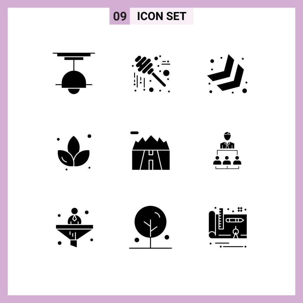 conjunto moderno de 9 glifos e símbolos sólidos, como cenário, paisagem, ação de graças, sauna, lótus, elementos de design vetorial editáveis vetor