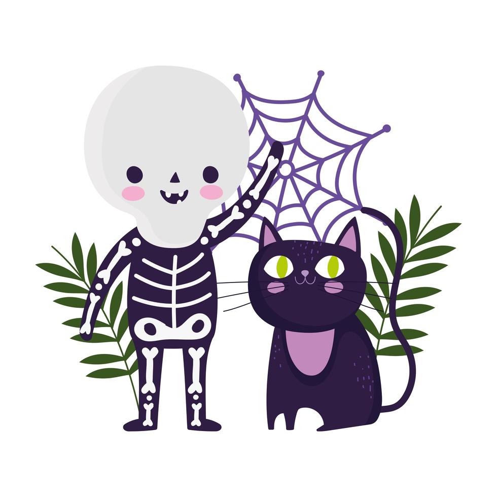 feliz dia das bruxas, gato com fantasia de esqueleto de menino e desenho animado com teia de aranha, celebração de festa de doces ou travessuras vetor