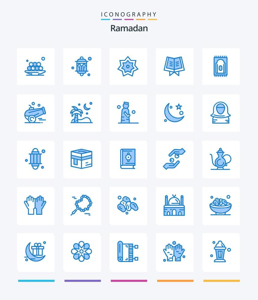 pacote criativo de ícones azuis do Ramadã 25, como o Alcorão. livro. lanterna. Ramadã. kareem vetor