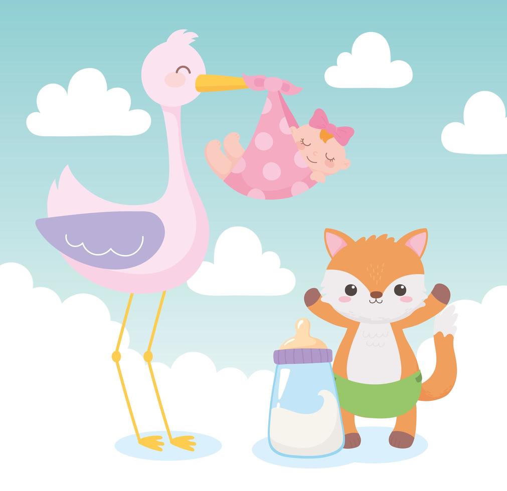 chá de bebê, desenho animado de cegonha com garotinha e raposa, celebração bem-vindo recém-nascido vetor