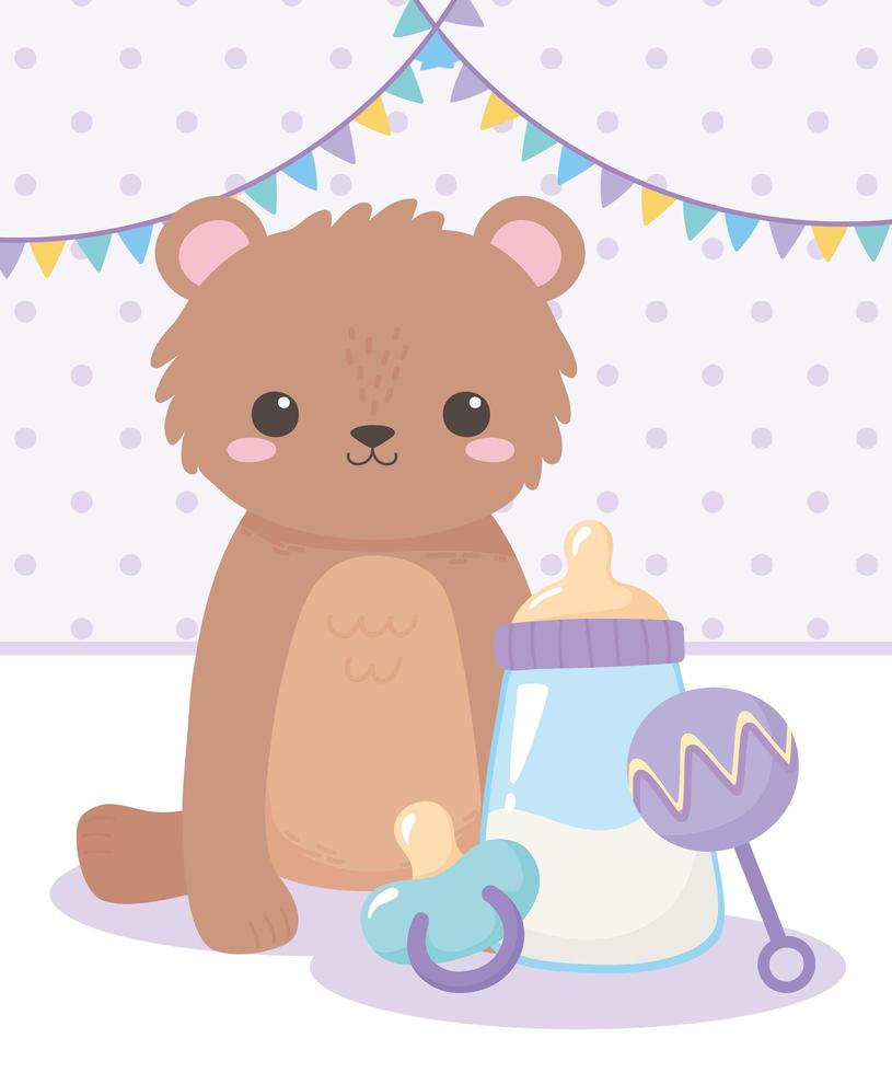 chá de bebê, ursinho de pelúcia com chocalho e mamadeira, celebração bem-vindo recém-nascido vetor