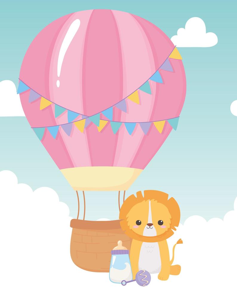 chá de bebê, chocalho de garrafa de leite de leão fofo e balão de ar, celebração bem-vindo recém-nascido vetor