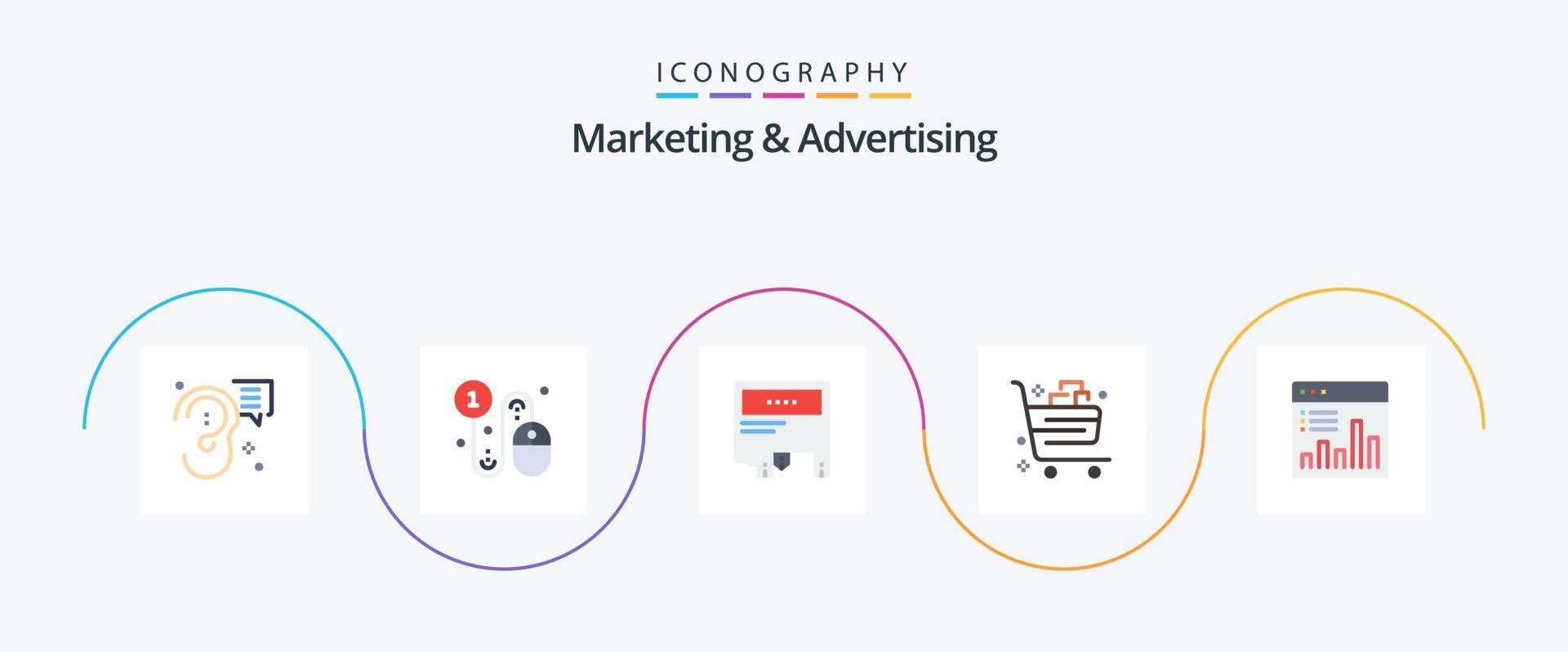 pacote de ícones de 5 planos de marketing e publicidade, incluindo carrinho. cesta. pagar. papel. marketing vetor