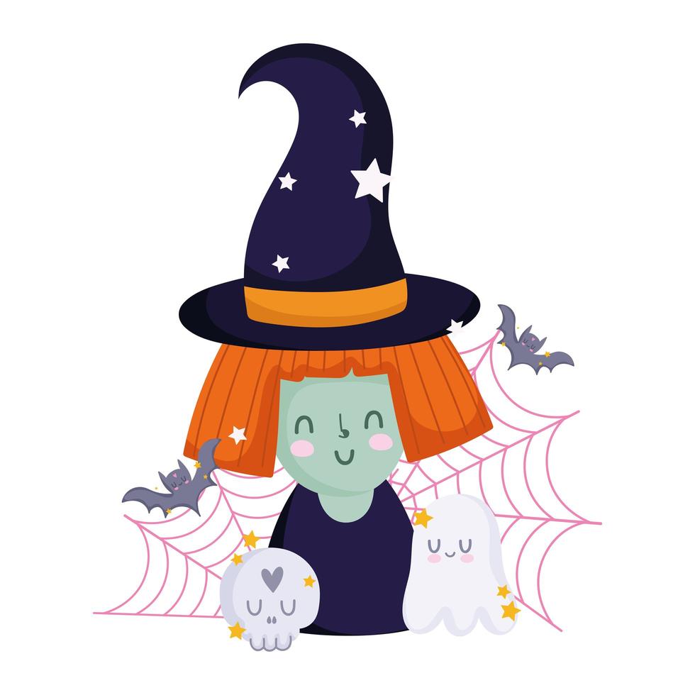 feliz dia das bruxas, desenhos animados de bruxa, morcegos fantasmas e teia de aranha, celebração de festa de doces ou travessuras vetor