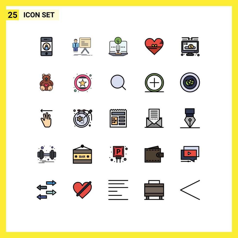 25 interface do usuário linha cheia pacote de cores planas de sinais e símbolos modernos de como gráfico de amor coração conteúdo orgânico elementos de design de vetores editáveis