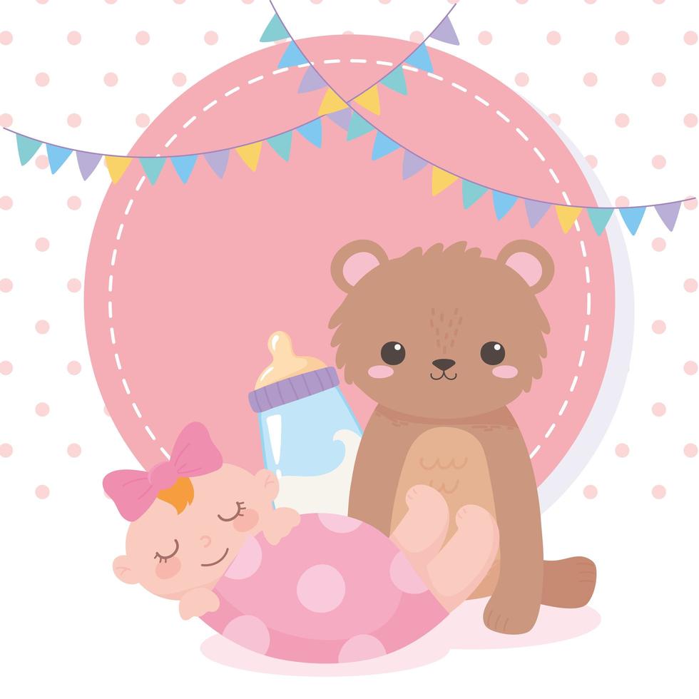chá de bebê, ursinho de pelúcia garotinha e mamadeira de leite, celebração bem-vindo recém-nascido vetor