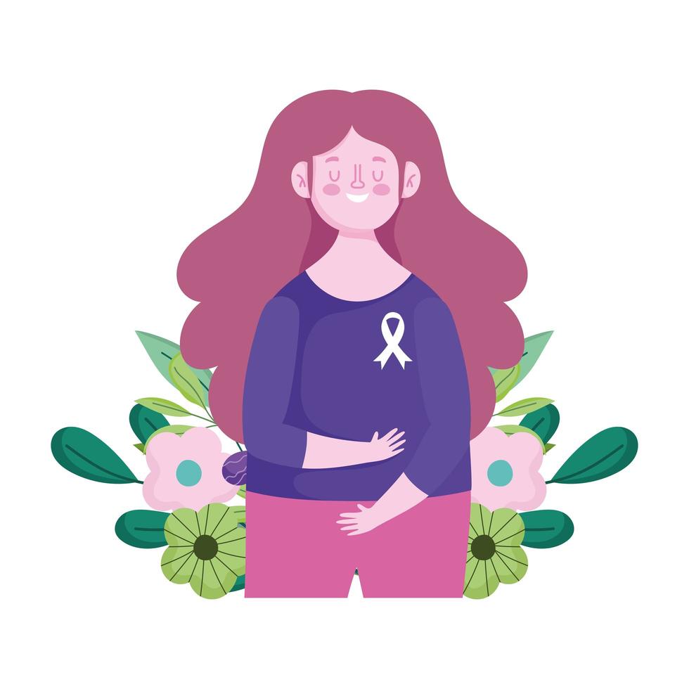 mês de conscientização do câncer de mama, menina com fita na camisa e flores, vetor