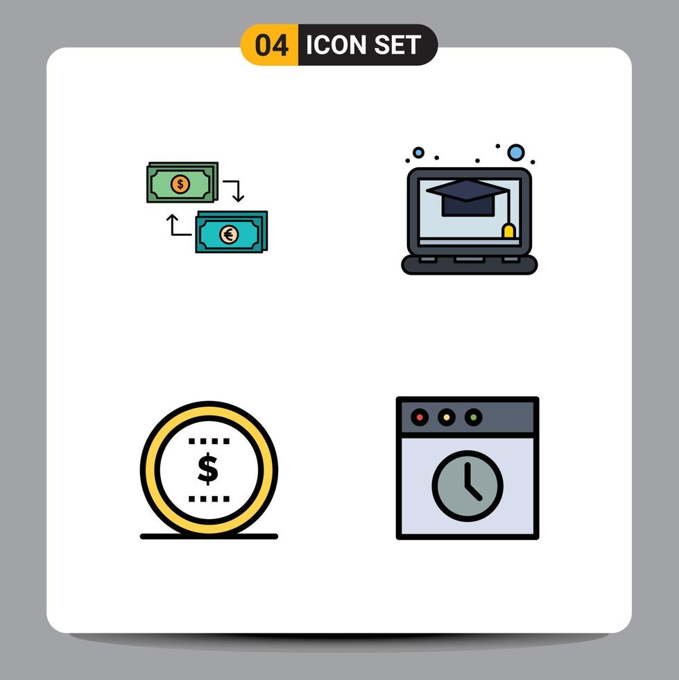 conjunto de pictogramas de 4 cores planas de linha preenchida simples de estudo de troca moeda de euro elementos de design de vetores editáveis