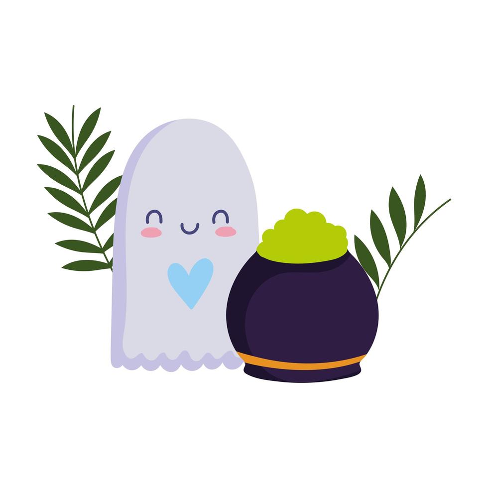 feliz dia das bruxas, fantasma fofo com caldeirão, celebração de festa de doces ou travessuras vetor