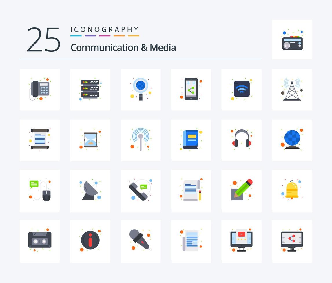 comunicação e mídia 25 pacote de ícones de cores planas, incluindo wi-fi. Internet. global. social. meios de comunicação vetor