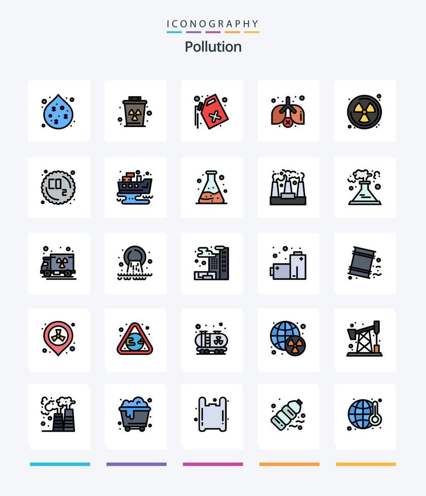 poluição criativa pacote de ícones cheios de 25 linhas, como gás co. radioativo. gás. nuclear. poluição vetor