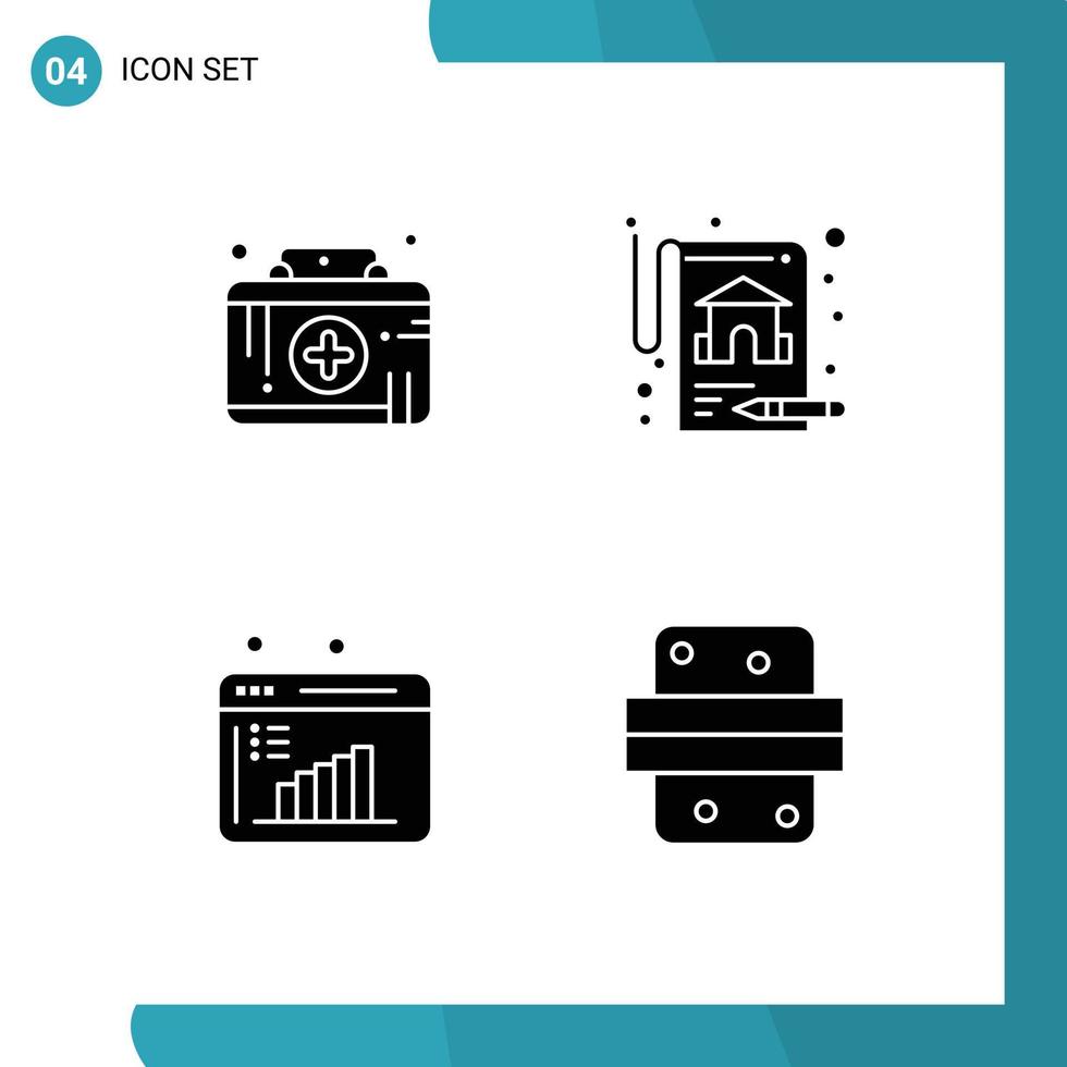 pacote de linha vetorial editável de 4 glifos sólidos simples de kit de primeiros socorros computação de dados emergência médica imóveis café da manhã elementos de design vetorial editáveis vetor
