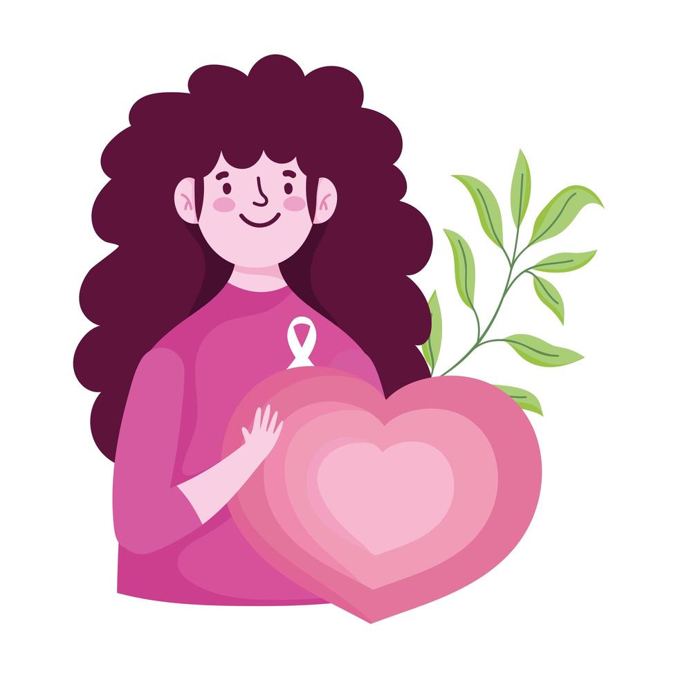 mês de conscientização do câncer de mama, design de folha de amor de coração de mulher vetor