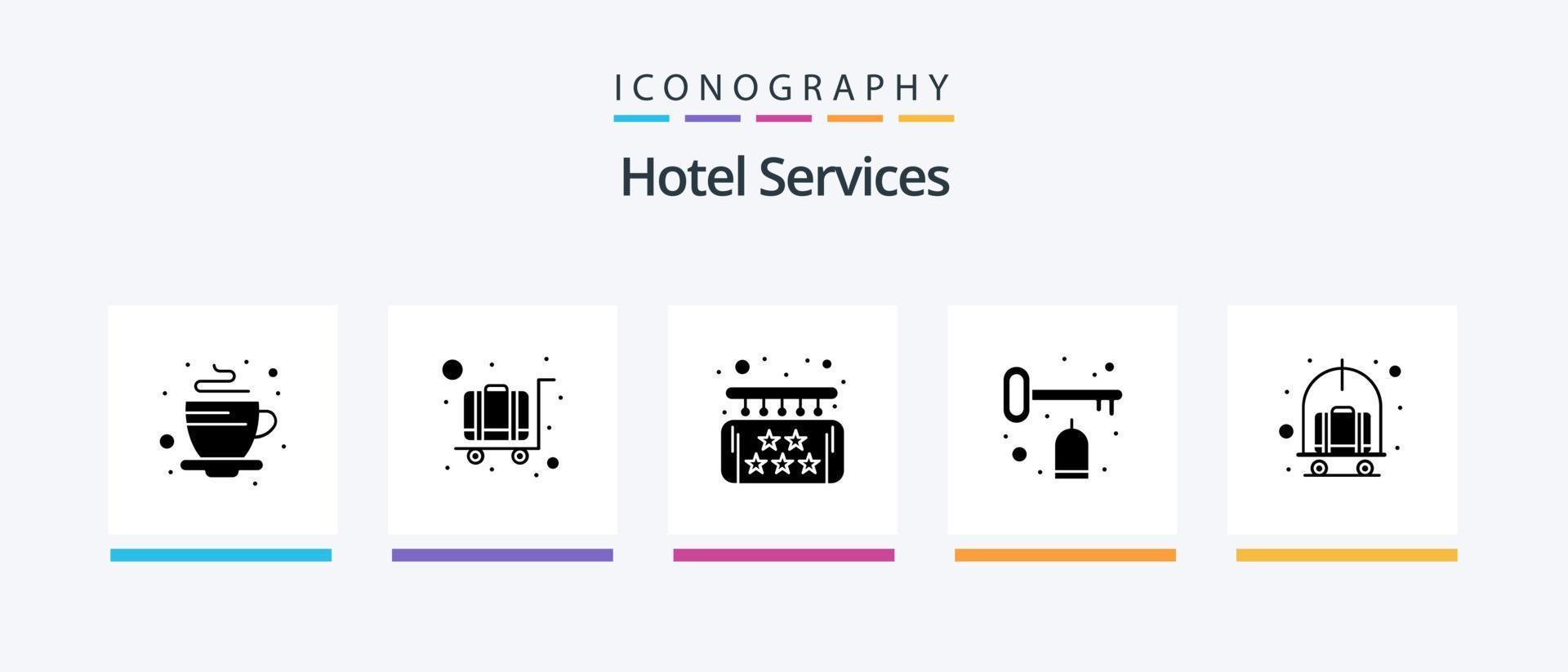 pacote de ícones de glifo 5 de serviços de hotel, incluindo carrinho. marcação. placa. sala. serviço. design de ícones criativos vetor