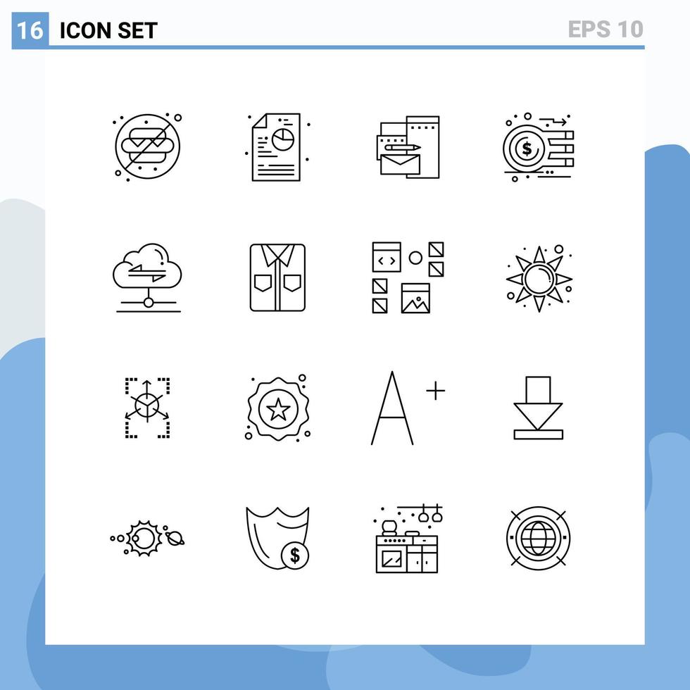 pacote de esboço de 16 símbolos universais de elementos de design de vetores editáveis de moeda de gráfico de marca de dinheiro em nuvem