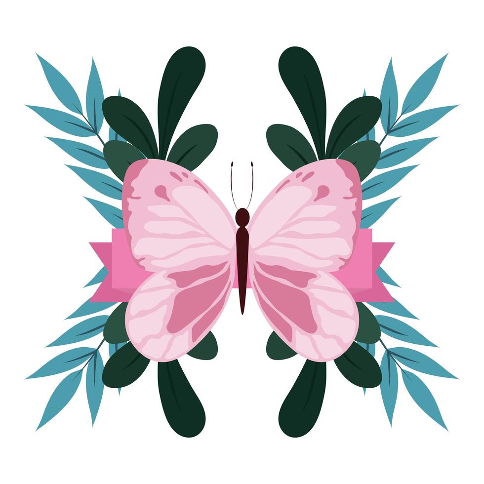folhagem linda borboleta rosa deixa a natureza isolada design vetor