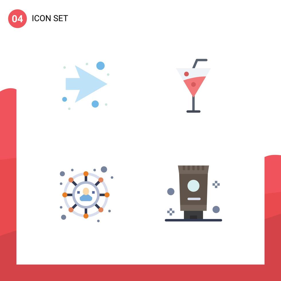 conjunto moderno de pictograma de 4 ícones planos de seta rede social bebidas de praia banheiro elementos de design de vetores editáveis