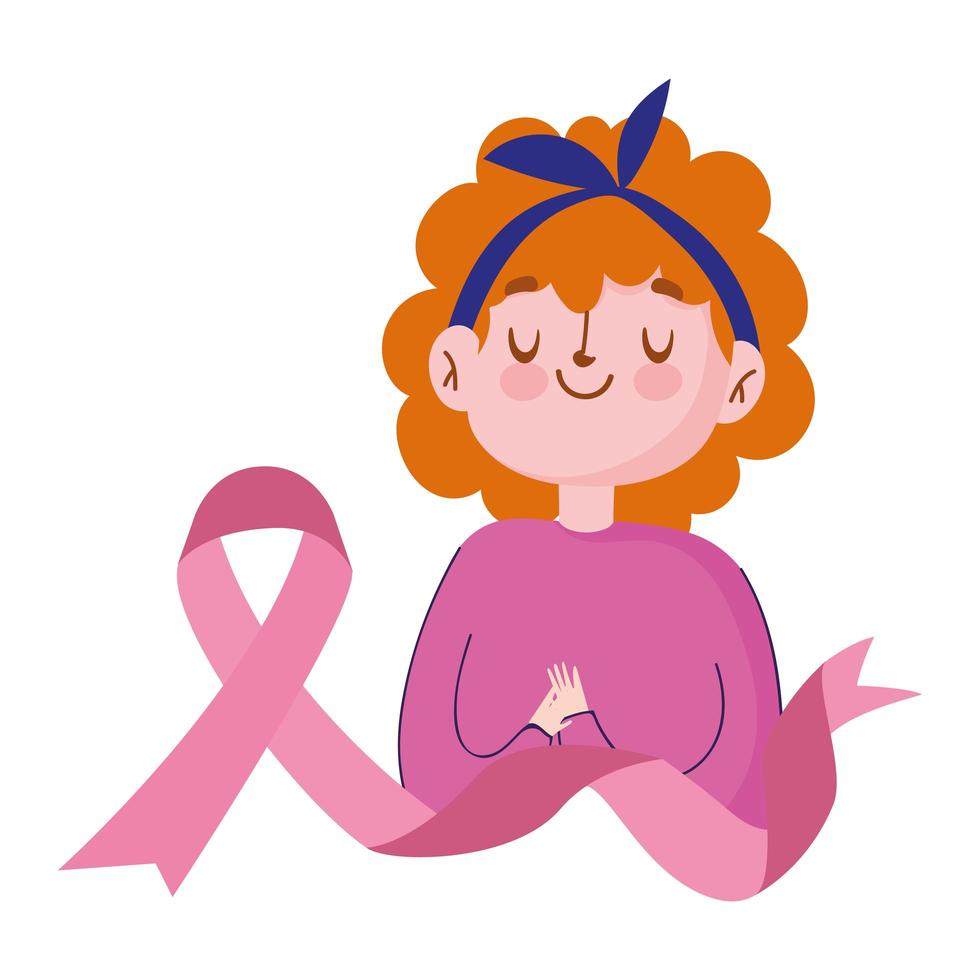 mês de conscientização do câncer de mama, mulher com desenho de fita rosa vetor
