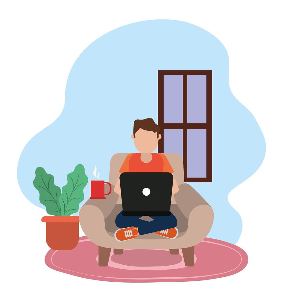 trabalhando em casa, homem usando laptop com uma xícara de café na cadeira, pessoas em casa em quarentena vetor