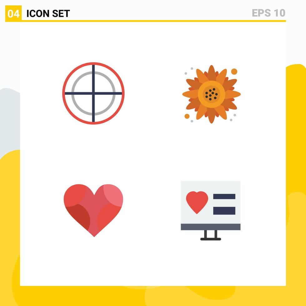 Pacote de ícones planos de 4 interfaces de usuário de sinais e símbolos modernos de alvo de amor de alvo, girassol, como elementos de design de vetores editáveis