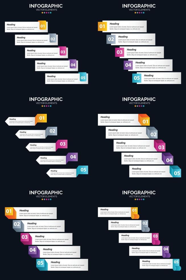 modelo de slide de apresentação de pacote de infográficos vetor 6 diagramas de ciclo de 5 etapas e linhas do tempo