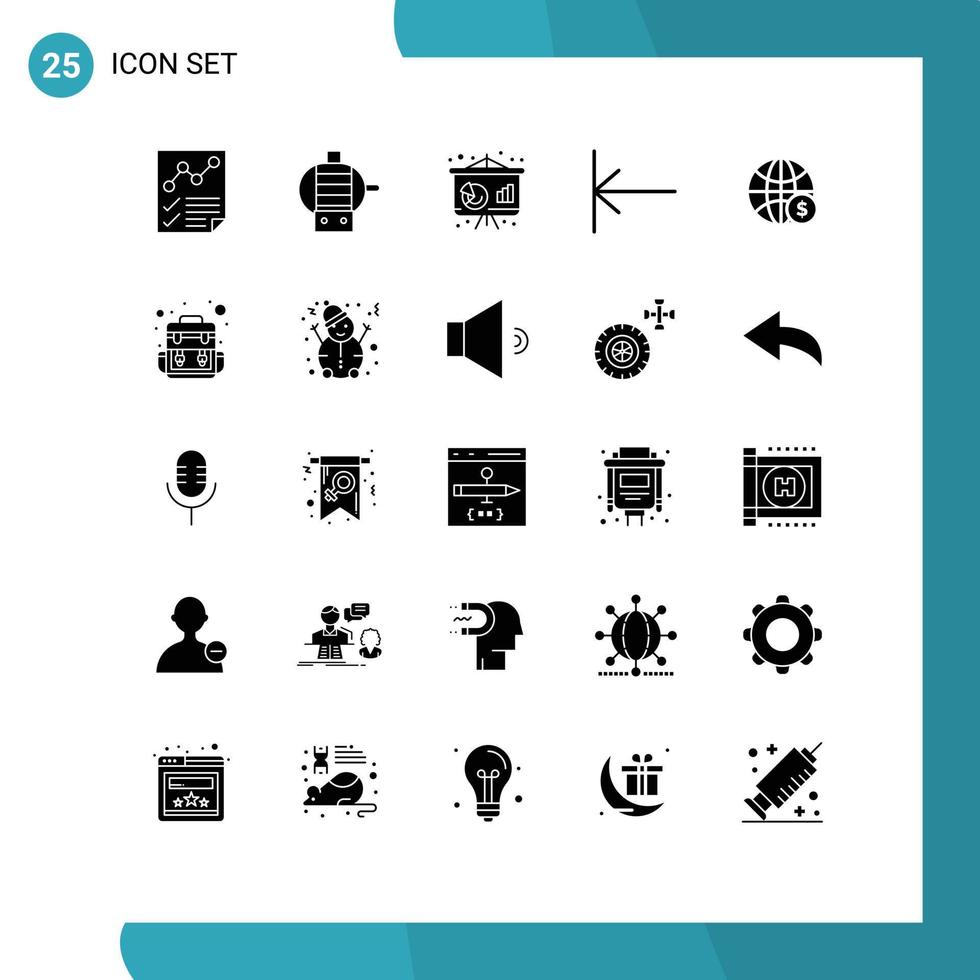 conjunto de glifos sólidos de interface móvel de 25 pictogramas de gráfico de globo de dinheiro, elementos de design de vetores editáveis em casa do mundo