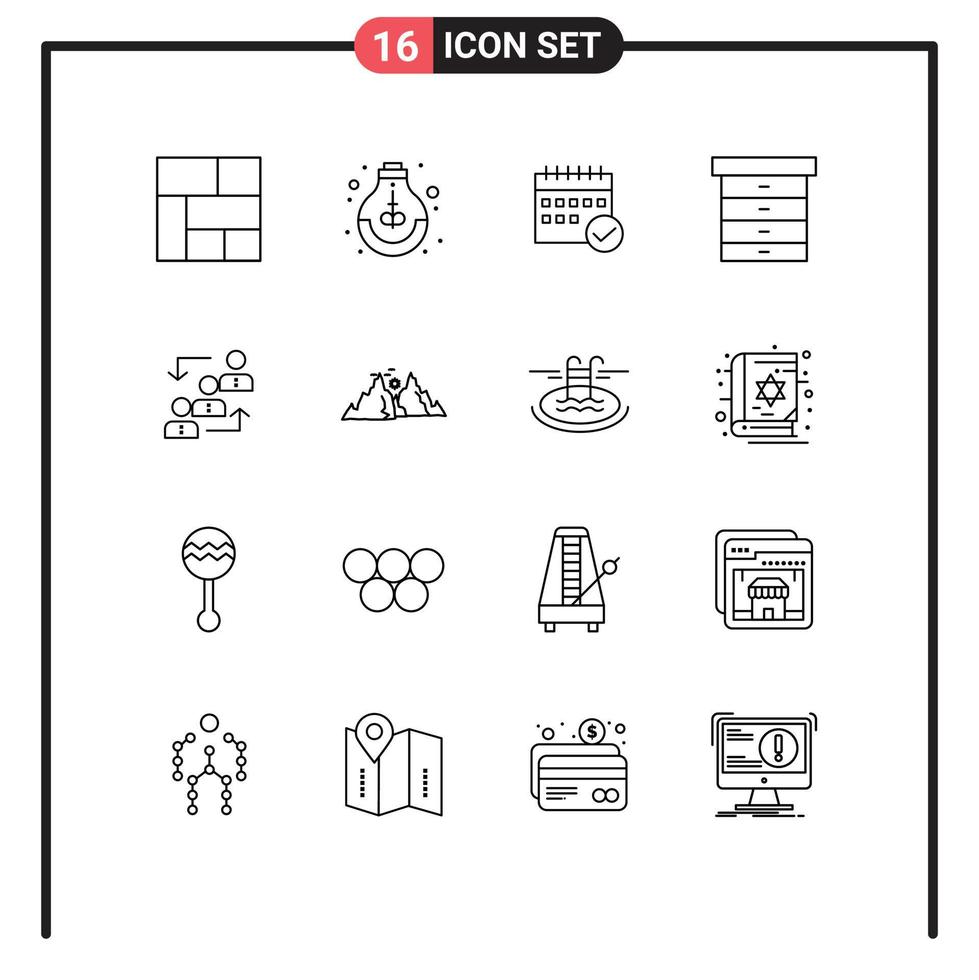 conjunto moderno de 16 pictogramas de contornos de móveis, decoração, programação, planejamento, evento, elementos de design vetorial editáveis vetor