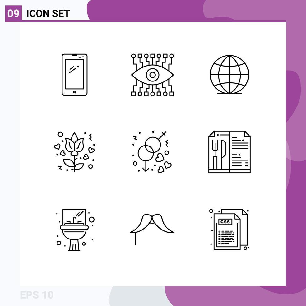 conjunto de pictogramas de 9 contornos simples de elementos de design de vetores editáveis de amor de noivado global de gênero de casamento