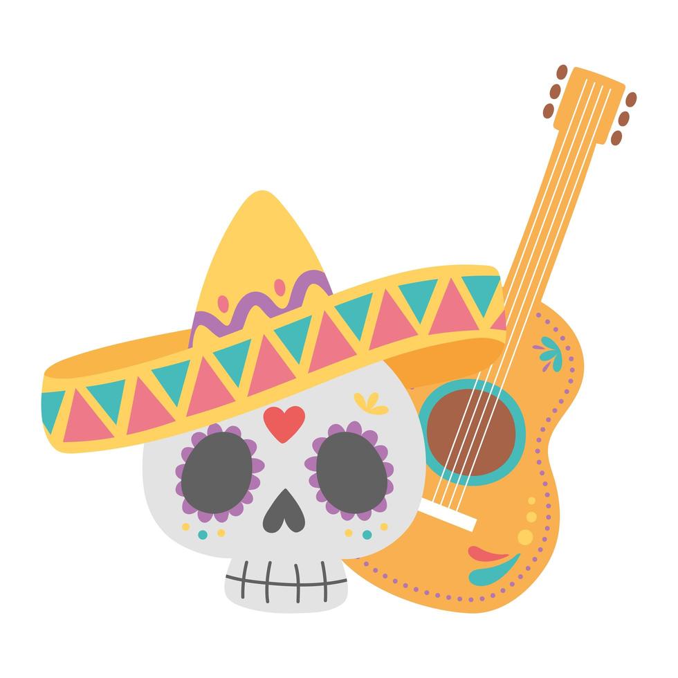 dia dos mortos, caveira com chapéu e guitarra celebração mexicana vetor