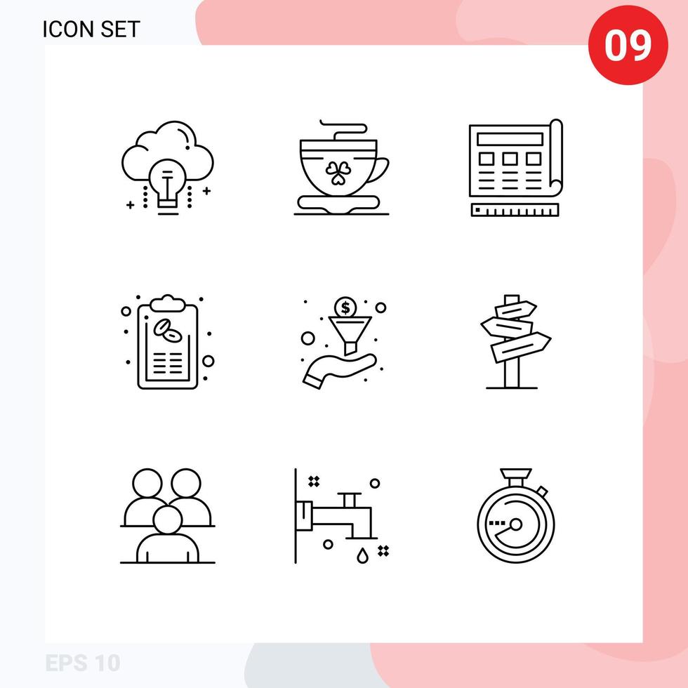 9 símbolos de sinais de contorno universal da lista de elementos de design de vetores editáveis do site da conta de café da Irlanda
