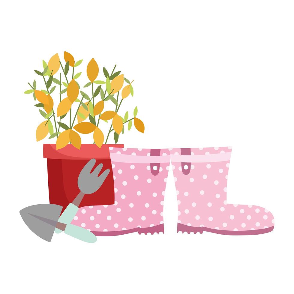 jardinagem, botas de plantas em vasos, ancinho e ferramentas de pá vetor