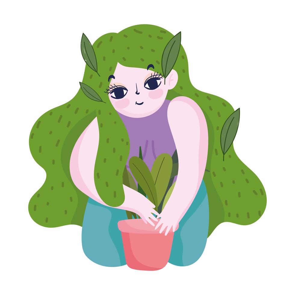 jardinagem, menina com penteado verde e estilo de ícone isolado de planta de plantio vetor