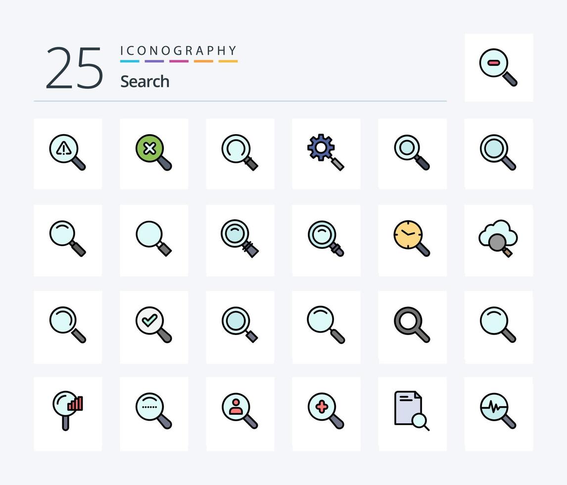 Pesquise um pacote de ícones cheios de 25 linhas, incluindo vidro. pesquisa. lupa. procurar. engrenagem vetor