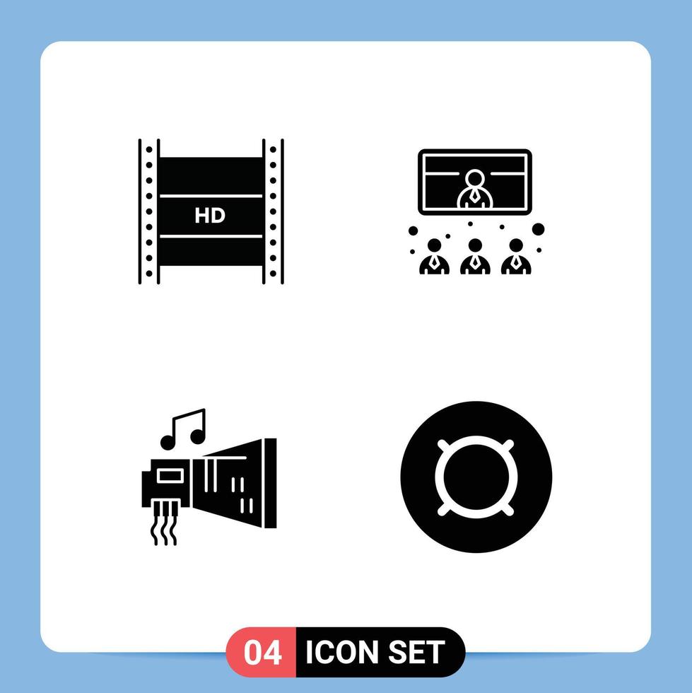 conjunto de glifos sólidos de interface móvel de 4 pictogramas de apresentação de transmissão de vídeo digital hd streaming chamada elementos de design de vetores editáveis de áudio