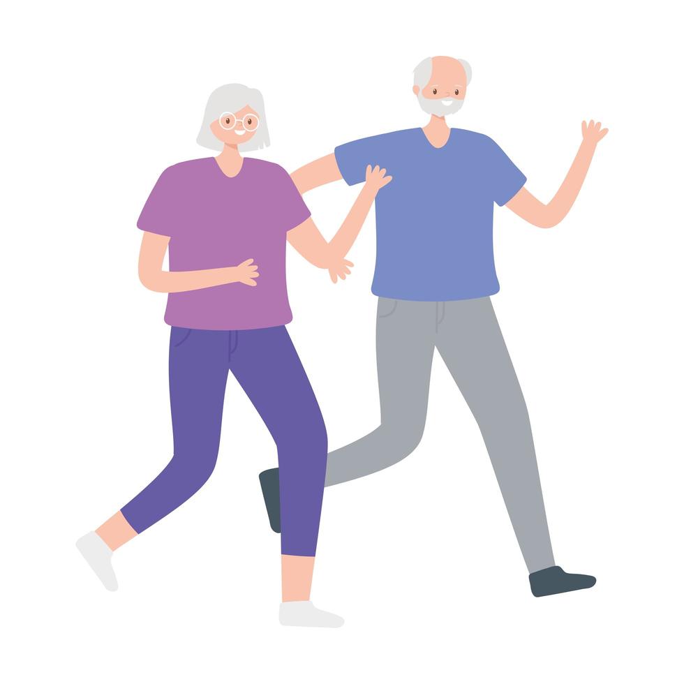 idosos em atividade, casal de idosos feliz caminhando com atividades esportivas vetor