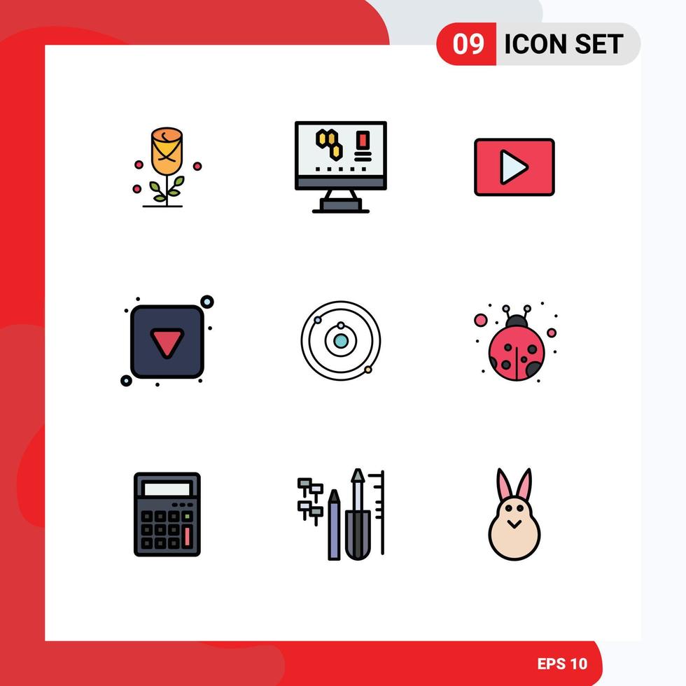 conjunto de cores planas de linha preenchida de interface móvel de 9 pictogramas de elementos de design de vetores editáveis do botão plenet completo do youtube para baixo