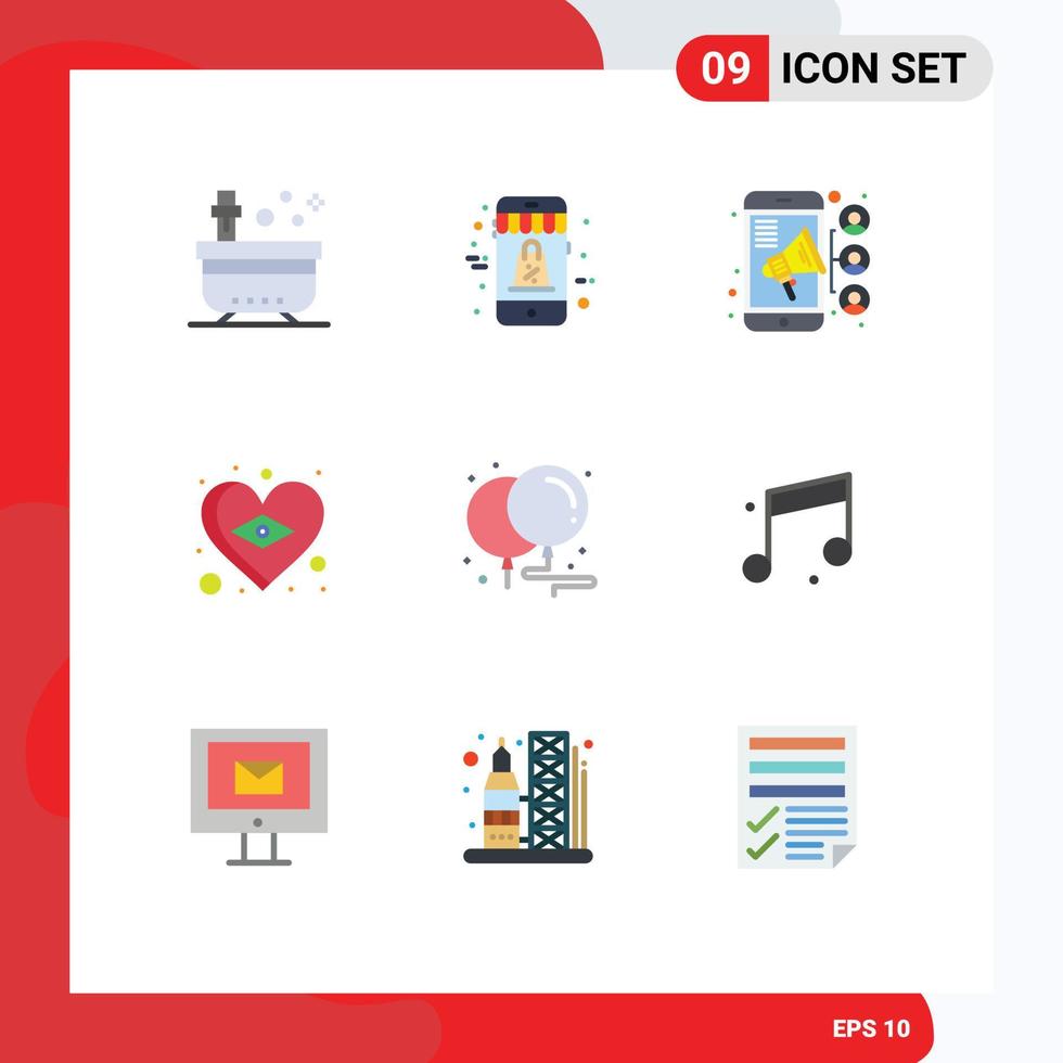 pacote de ícones vetoriais de estoque de 9 sinais e símbolos de linha para balões bandeira de venda de coração contato elementos de design de vetores editáveis