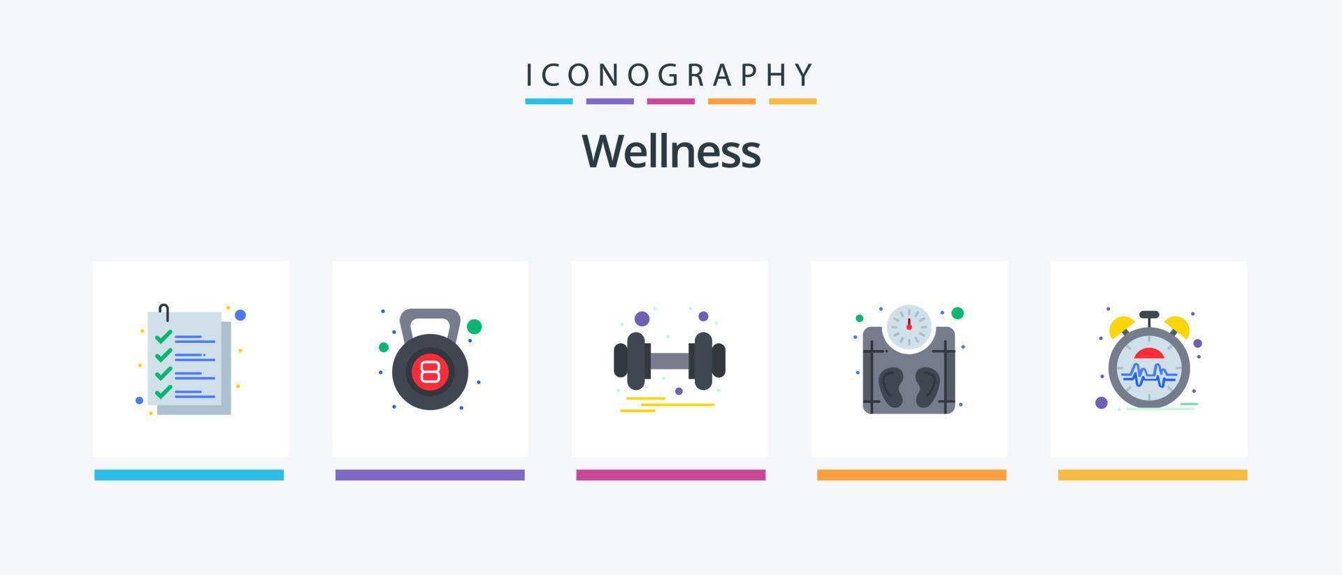 pacote de ícones de 5 planos de bem-estar, incluindo coração. peso. haltere. pesagem. máquina. design de ícones criativos vetor