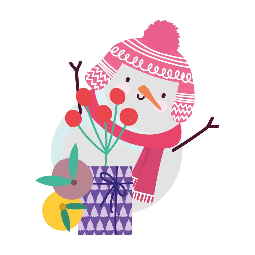 Feliz Natal, caixa de presente dos desenhos animados do boneco de neve e bagas do azevinho, design isolado vetor
